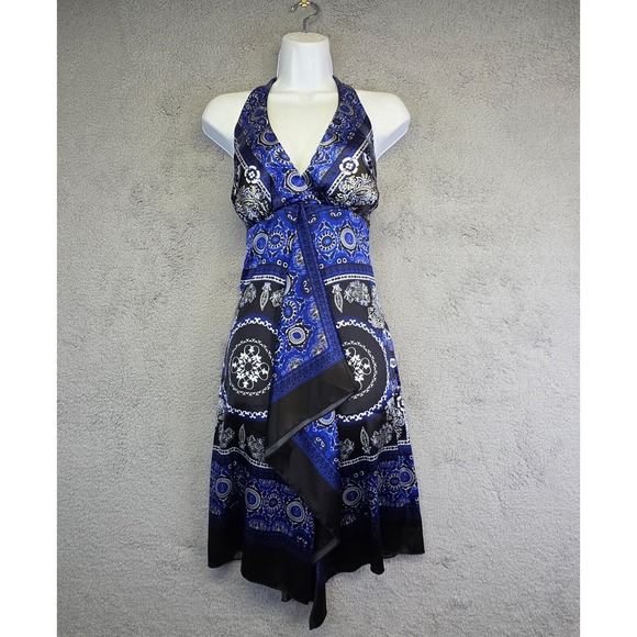 Dressbarn‎ Babydoll Dress Womens 4 Bandana Paisley Medallion Halter Y2K Satin - Picture 1 of 14